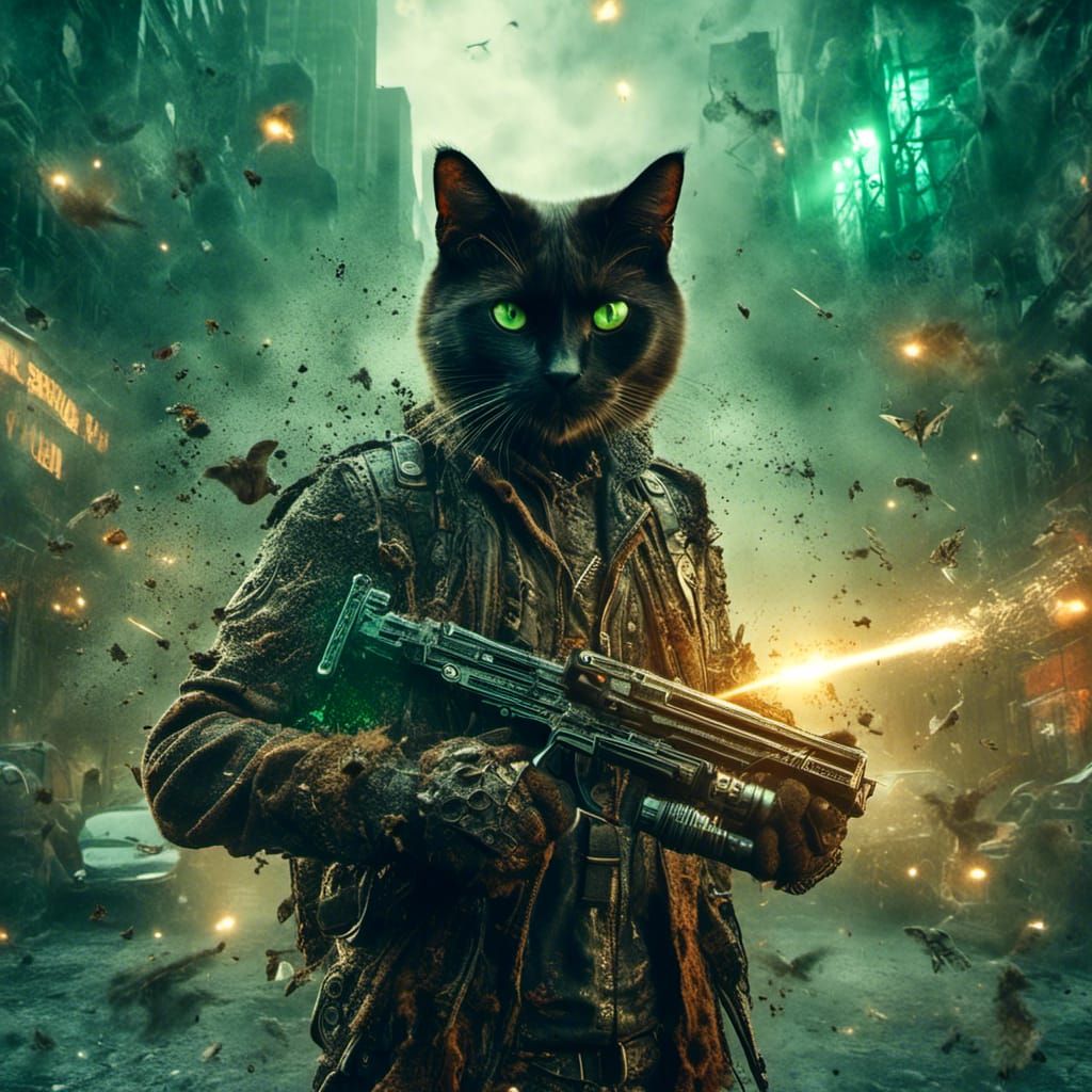 Futuristic Cat-Boy with Space Pistol in Dystopian City