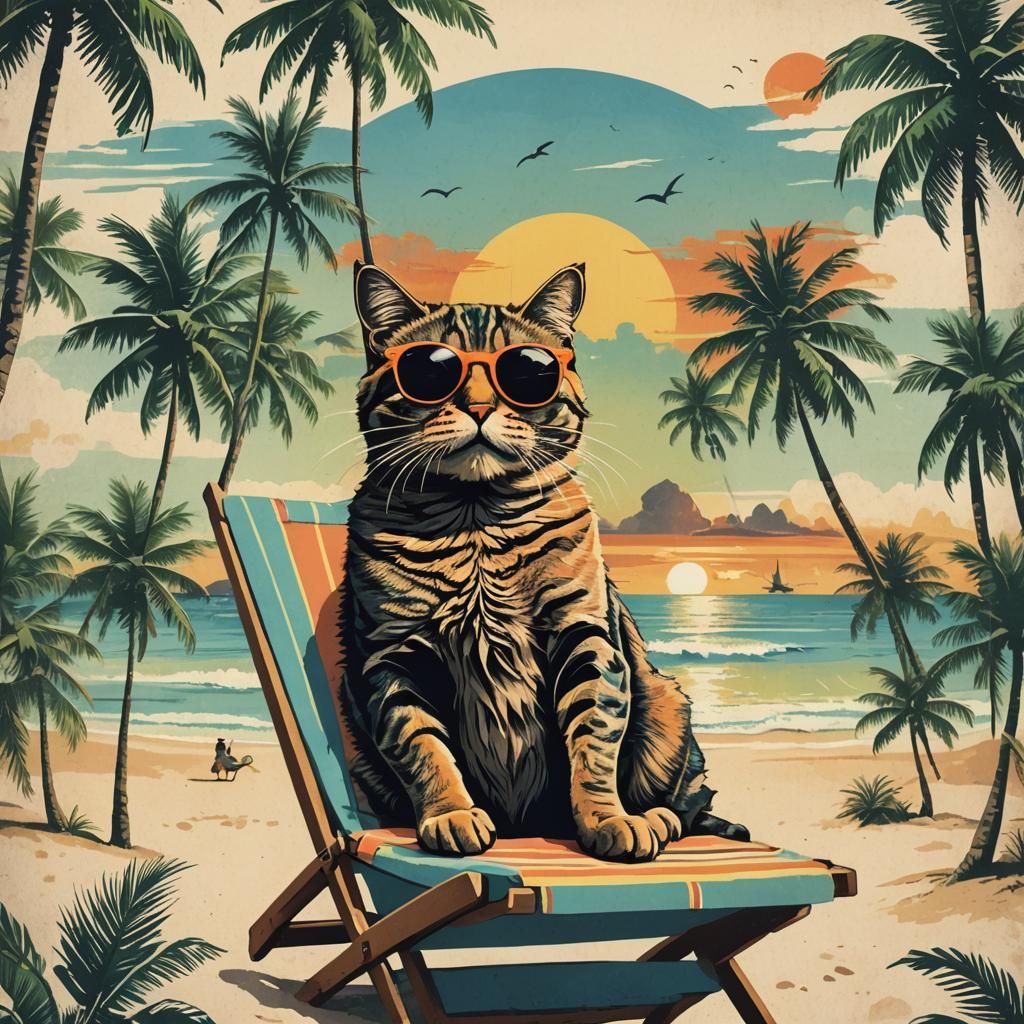 Relaxed Cat on Beach T-Shirt Design in Cyberpunk Style
