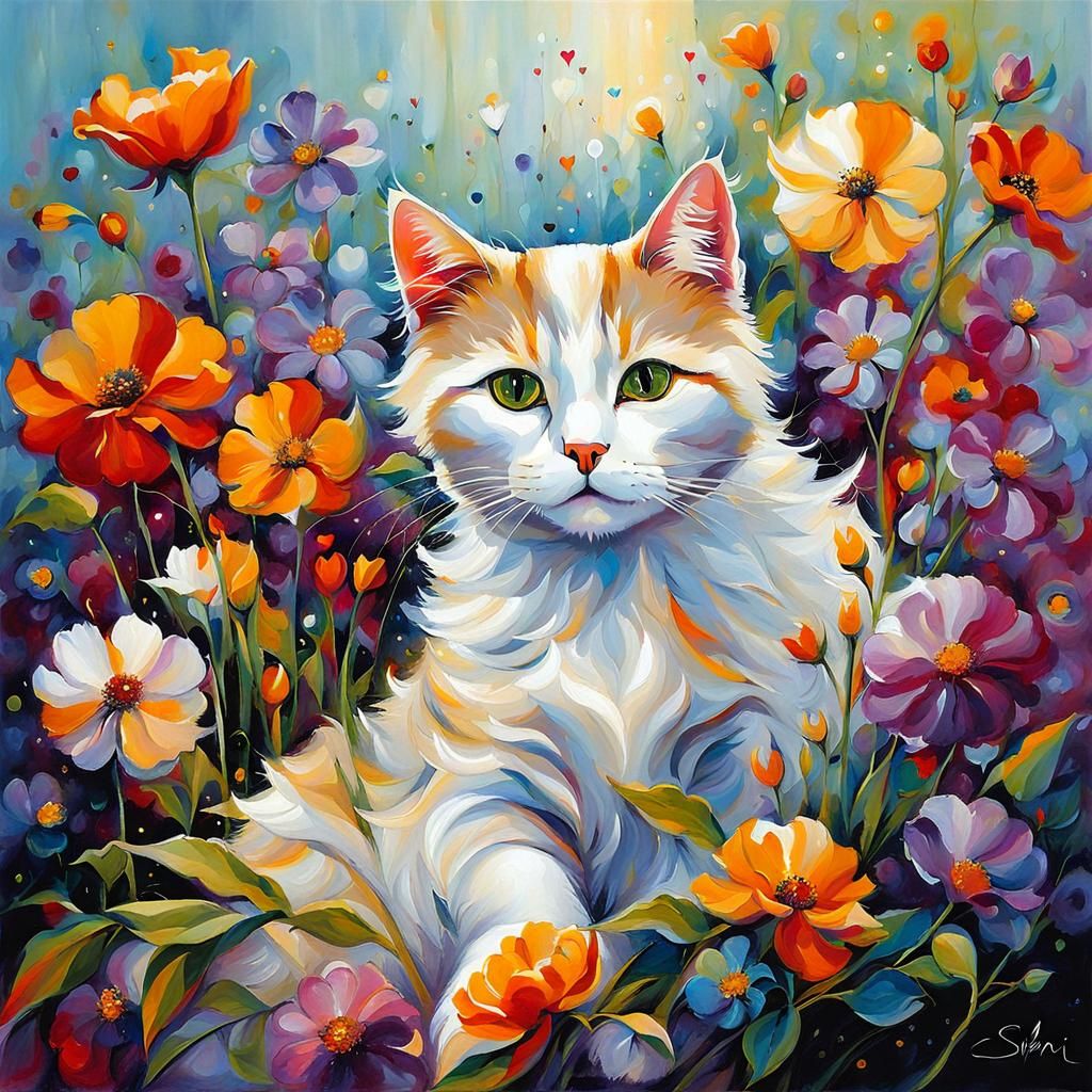 Impressionistic Cat with Flowers and Heart Lights