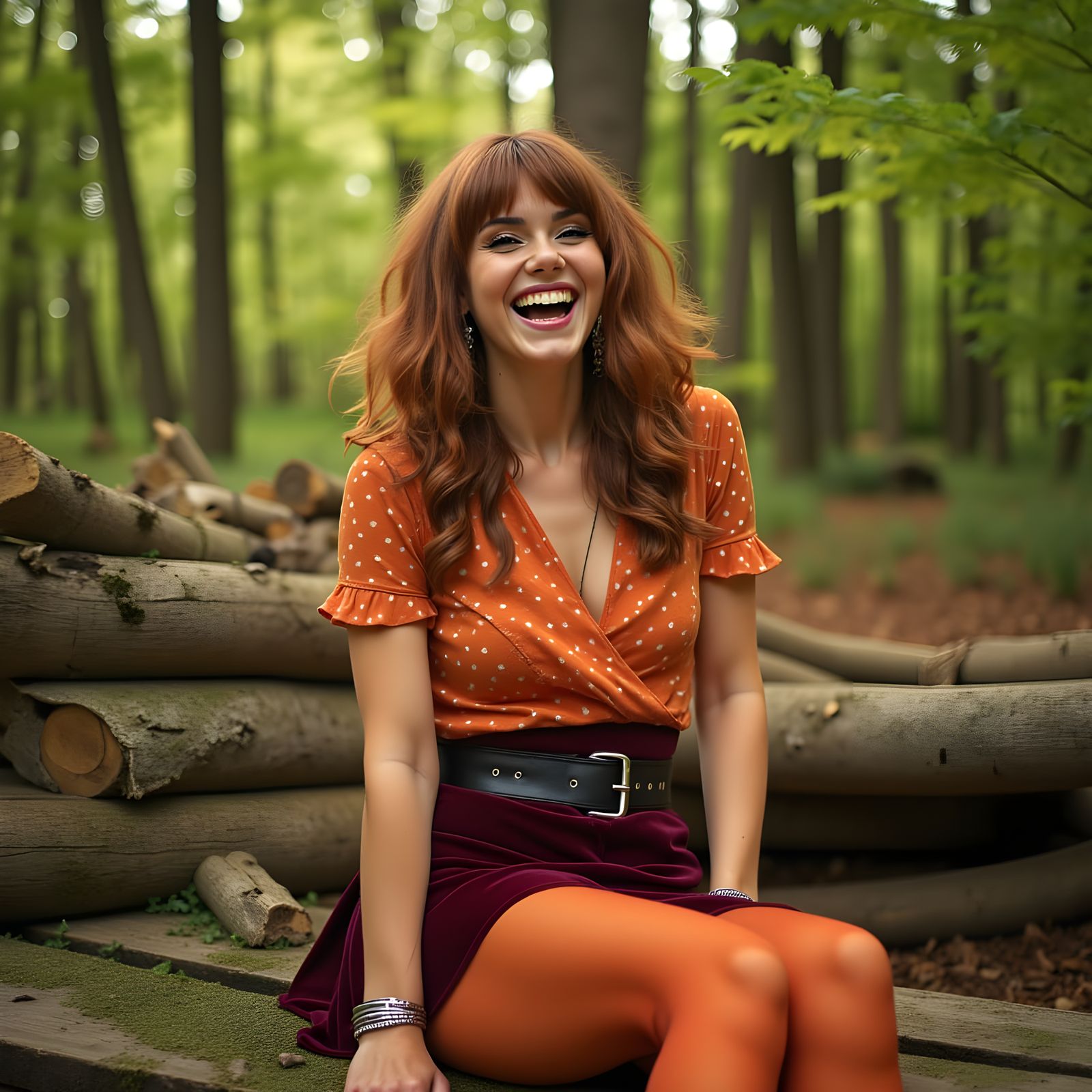 Joyful Woman in Autumn Forest, 1930s Cartoon Style