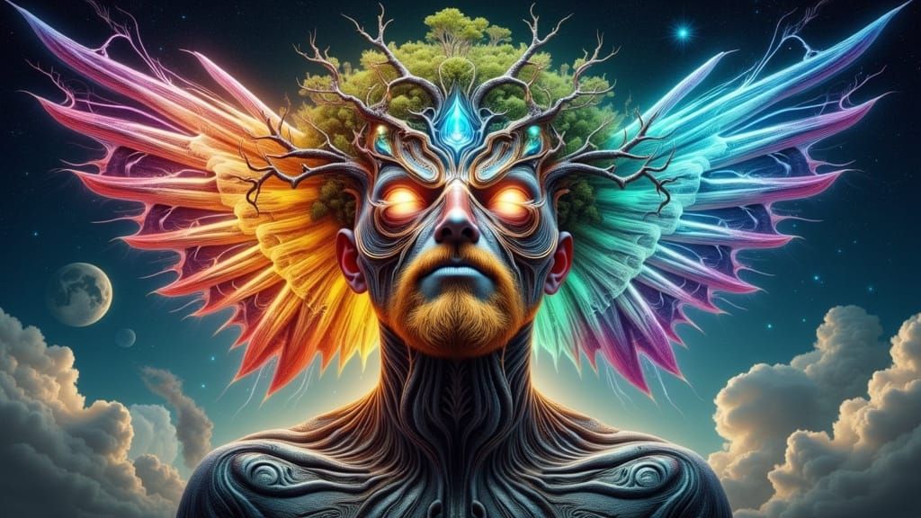 Surreal X-Ray Angel with Rainbow Lightning Wings