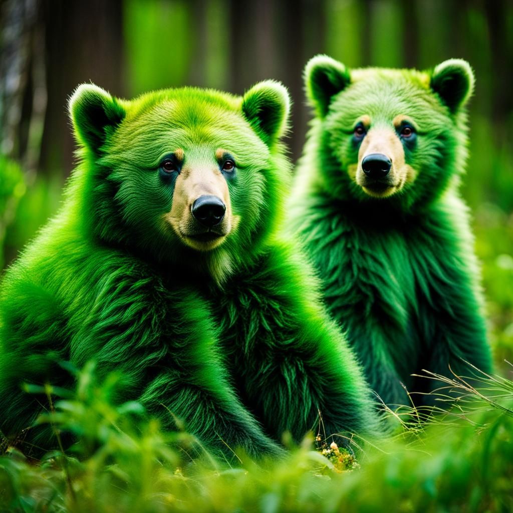 Green Fur Bear Cubs in Soft Lighting