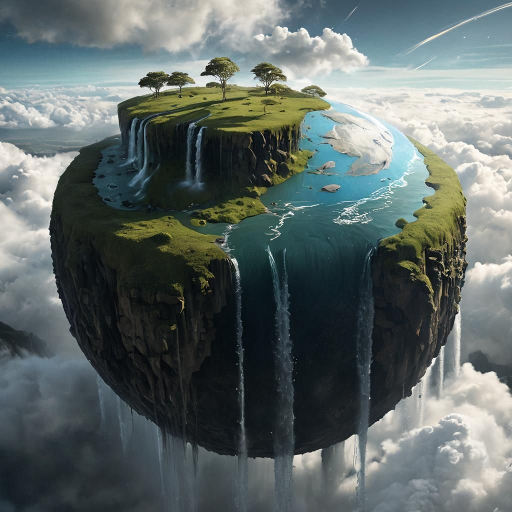 Anthropomorphic Earth with Waterfalls Flowing into Space