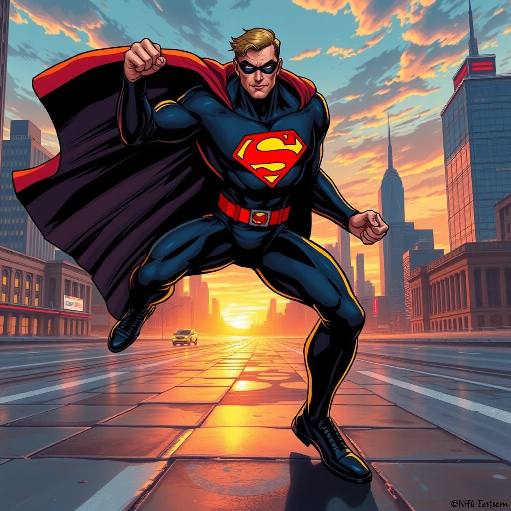 Dynamic Superhero Cityscape in Comic Book Style