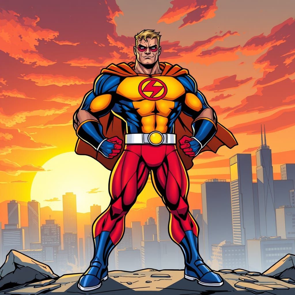 Heroic Superhero Overlooking High-Tech Cityscape