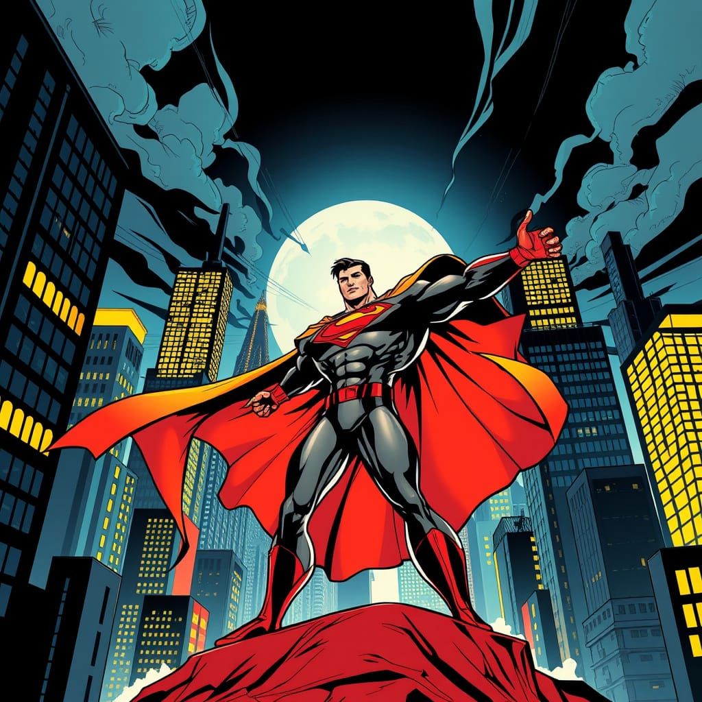 Heroic Figure in Graphic Novel Style Cityscape