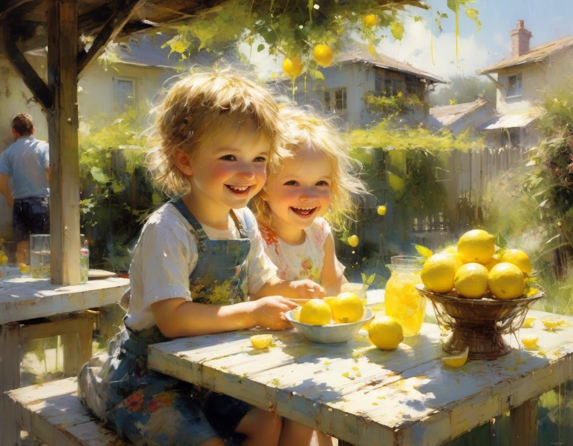 Joyful Toddlers' Lemonade Stand: Fine Art Painting
