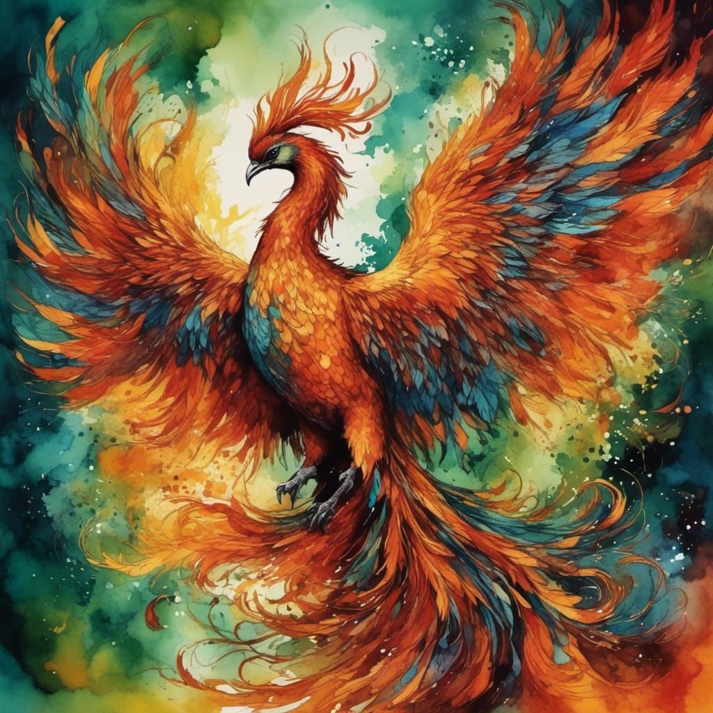 Fiery Phoenix Rising from Ashes in Glory
