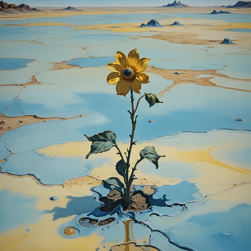 Surreal Flower in Deserted Landscape: Dali-esque Oil Paintin...