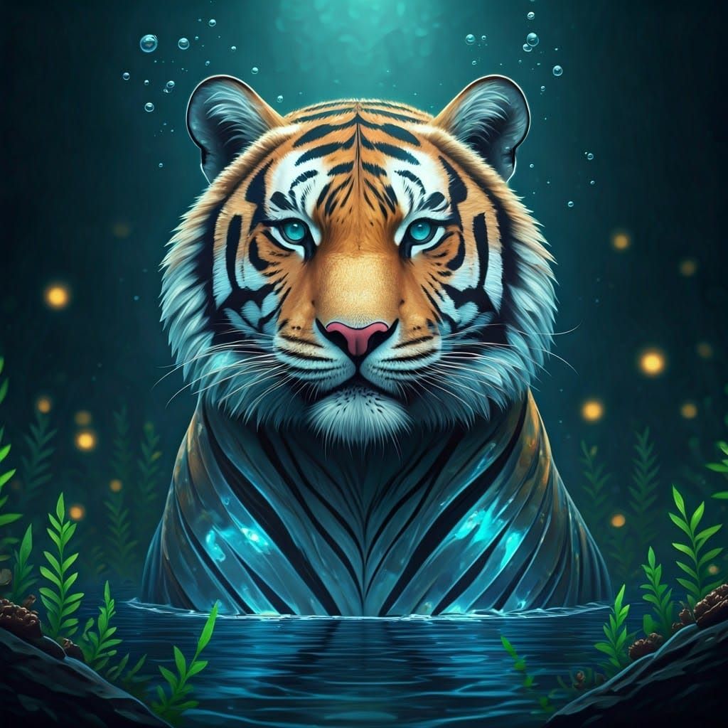 Glass Water Tiger with Bioluminescent Surroundings