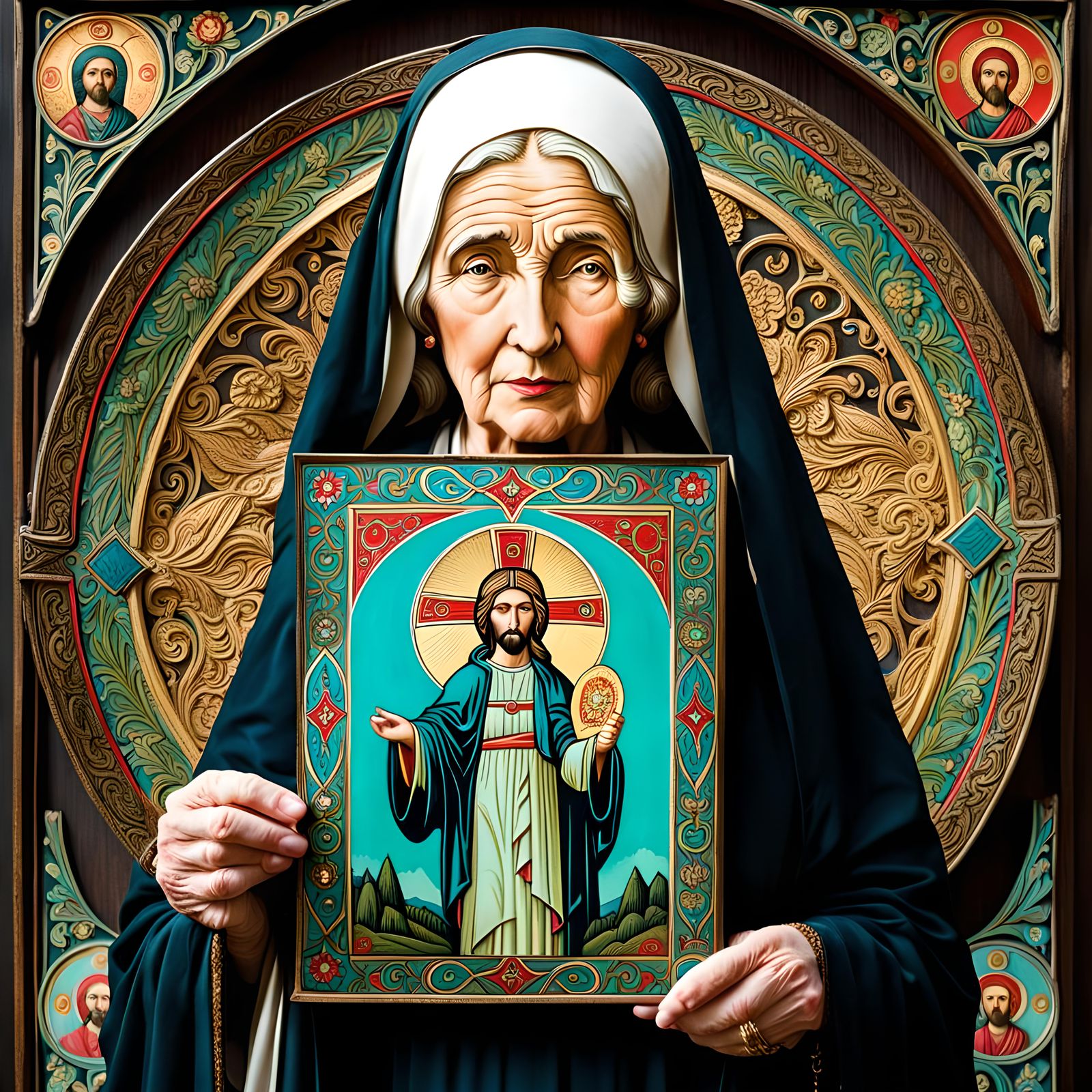 Older Woman with Jesus Icon in Fairy-Tale Style