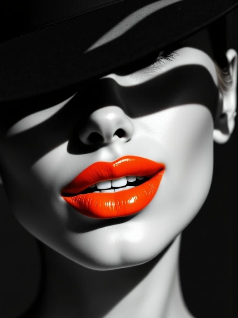 Mysterious Pop Art Portrait of a Woman with Bright Orange Li...