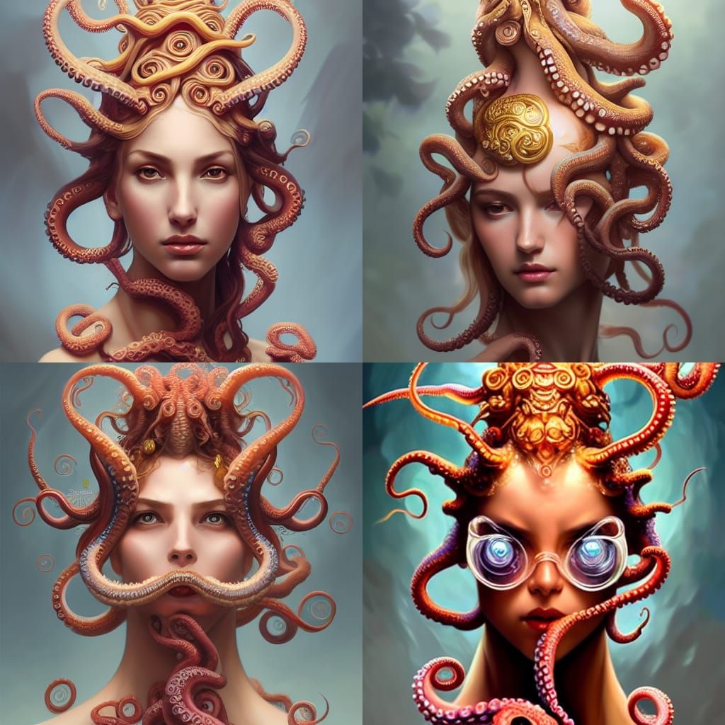 Majestic Octopus Goddess Portrait in Hyperdetailed Style
