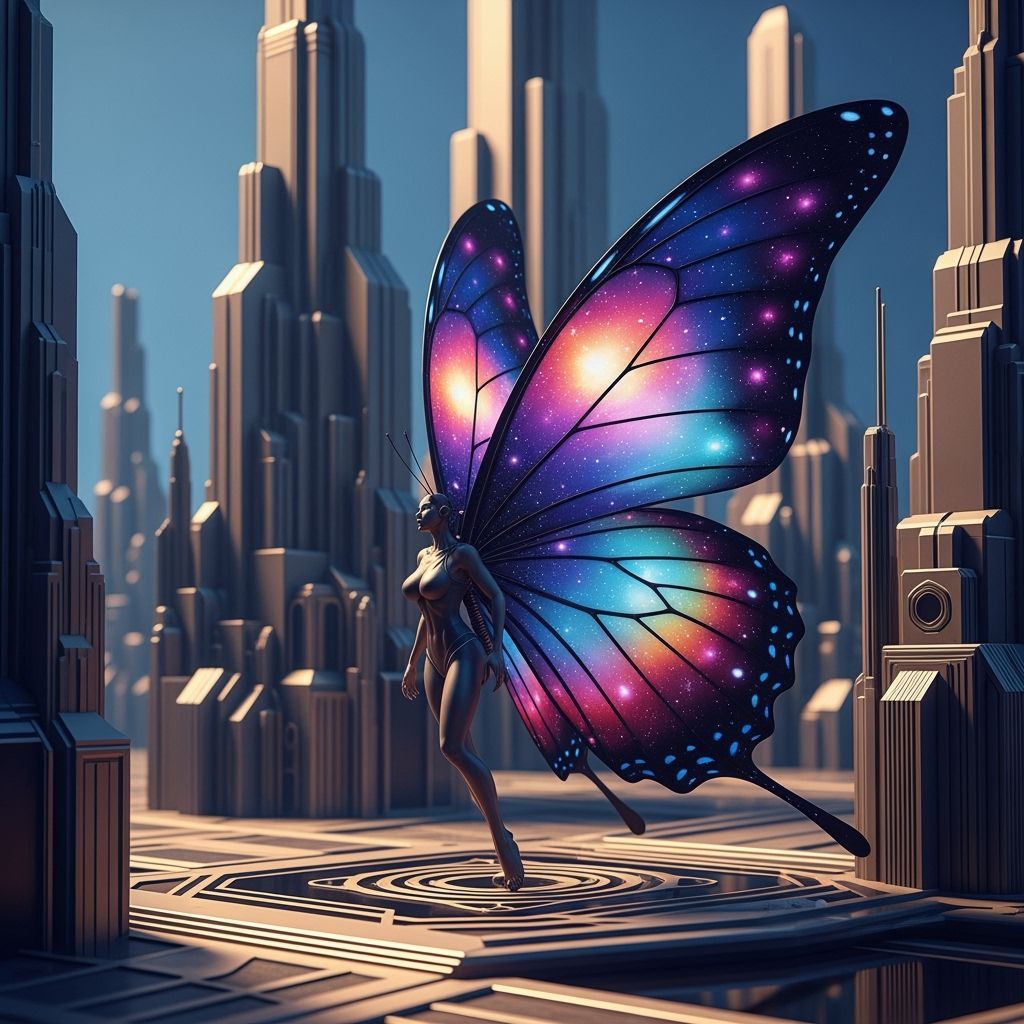 Cosmic Butterfly Emerges From Art Deco Cityscape