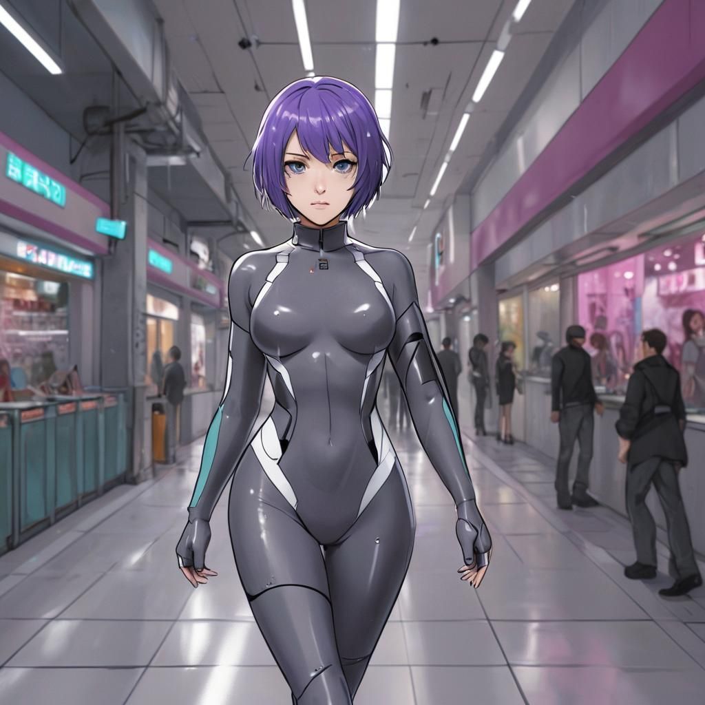 Cyberpunk Woman in Anime Style Mall