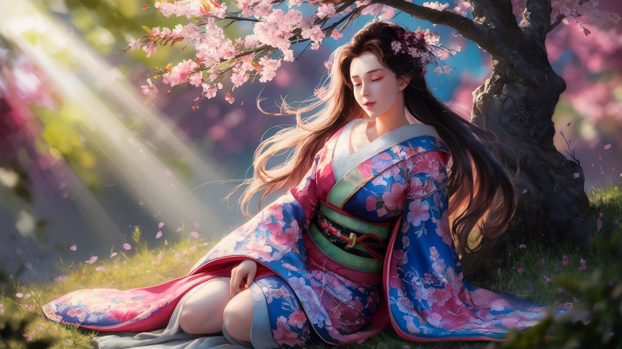 Serene Asian Woman Under Blooming Sakura Tree