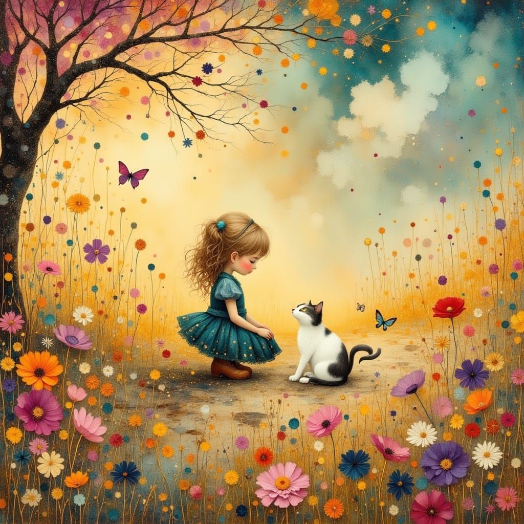 Whimsical Girl and Cat in Flower Field - Antique Watercolor ...