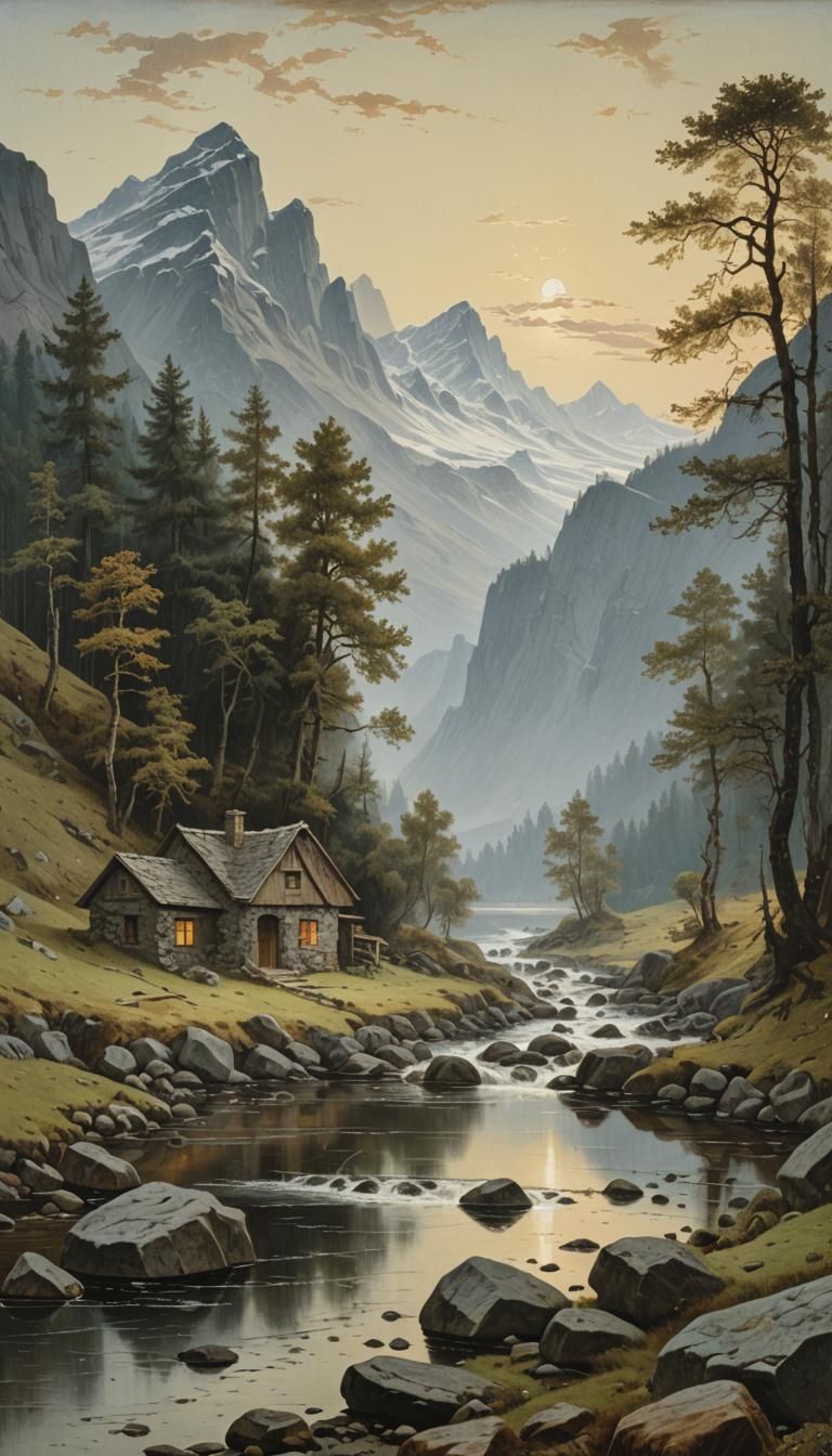 Romantic Landscape with House, Inspired by Friedrich