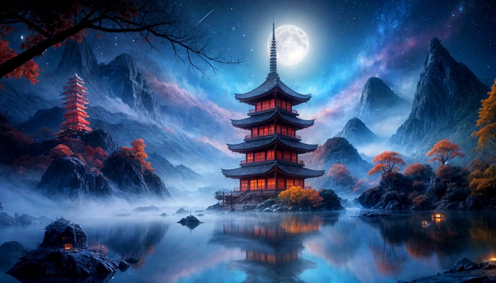 Japanese Pagoda in Misty Moonlight Landscape Painting