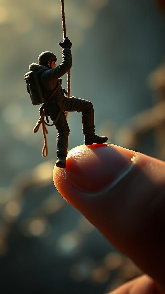 Miniature Climber on Finger in Cinematic Style