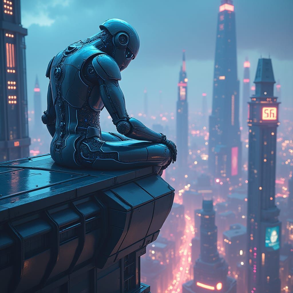Robot Overlooking Cyberpunk Cityscape of the Future