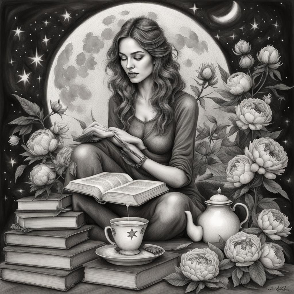 Meditating Woman with Magic Books, Charcoal Drawing