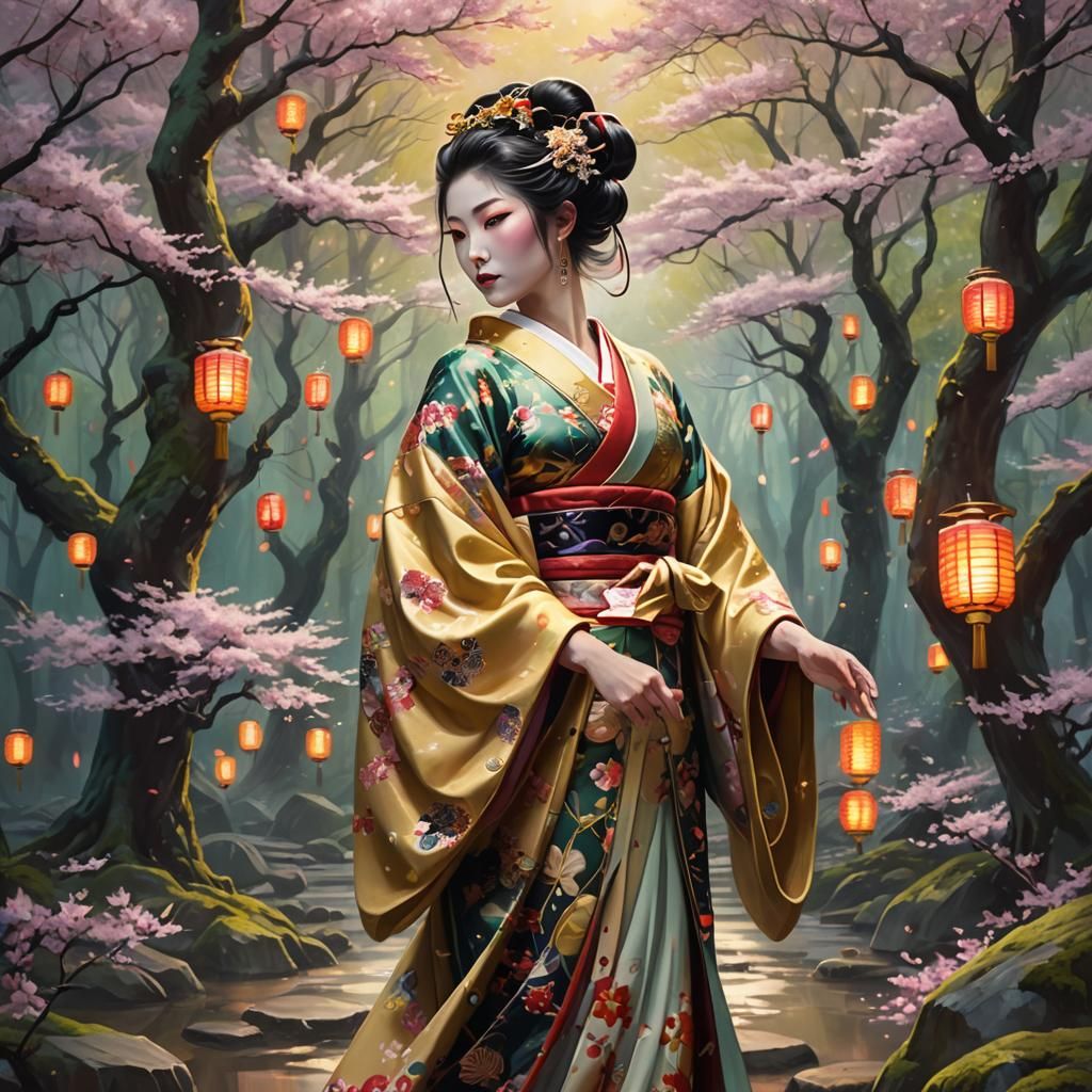 Geisha Goddess in Mystical Forest Oil Painting