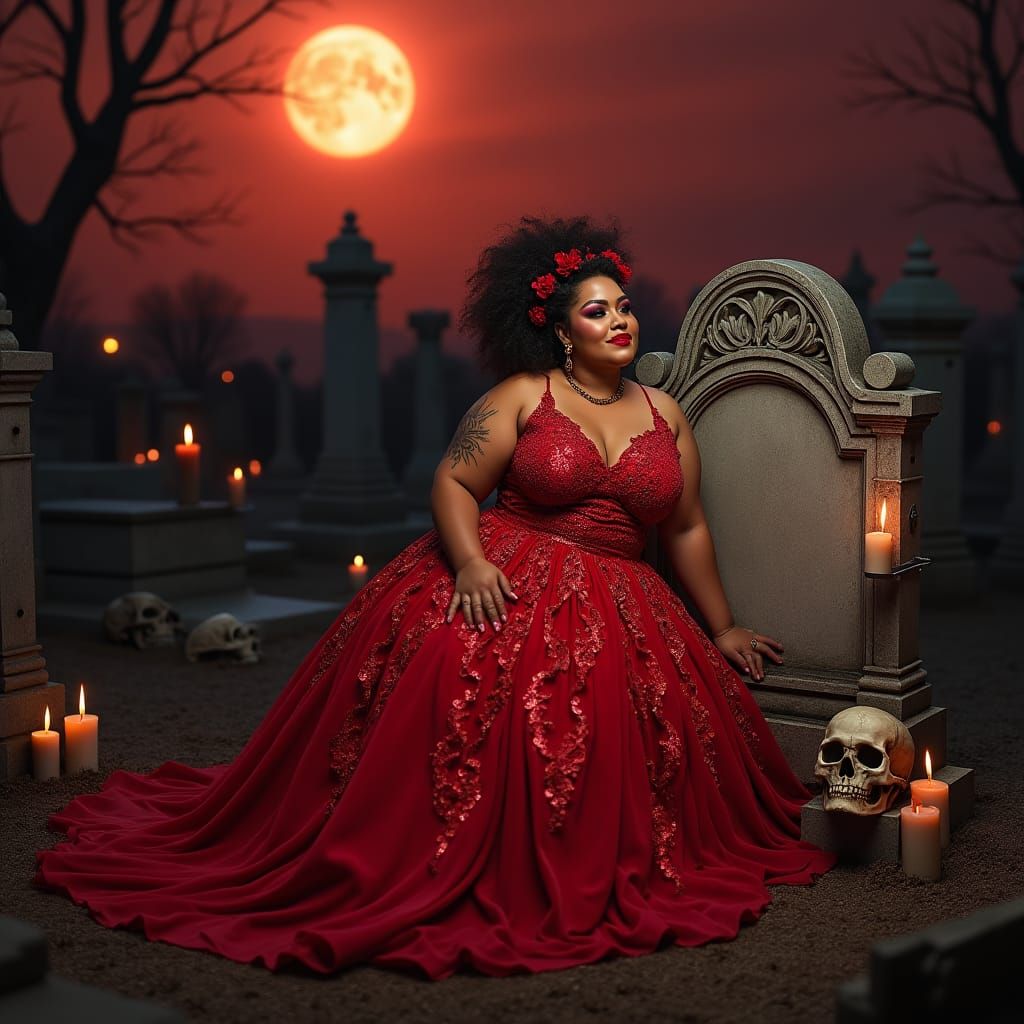 Ethereal Woman in Haunted Cemetery Under Crimson Moon