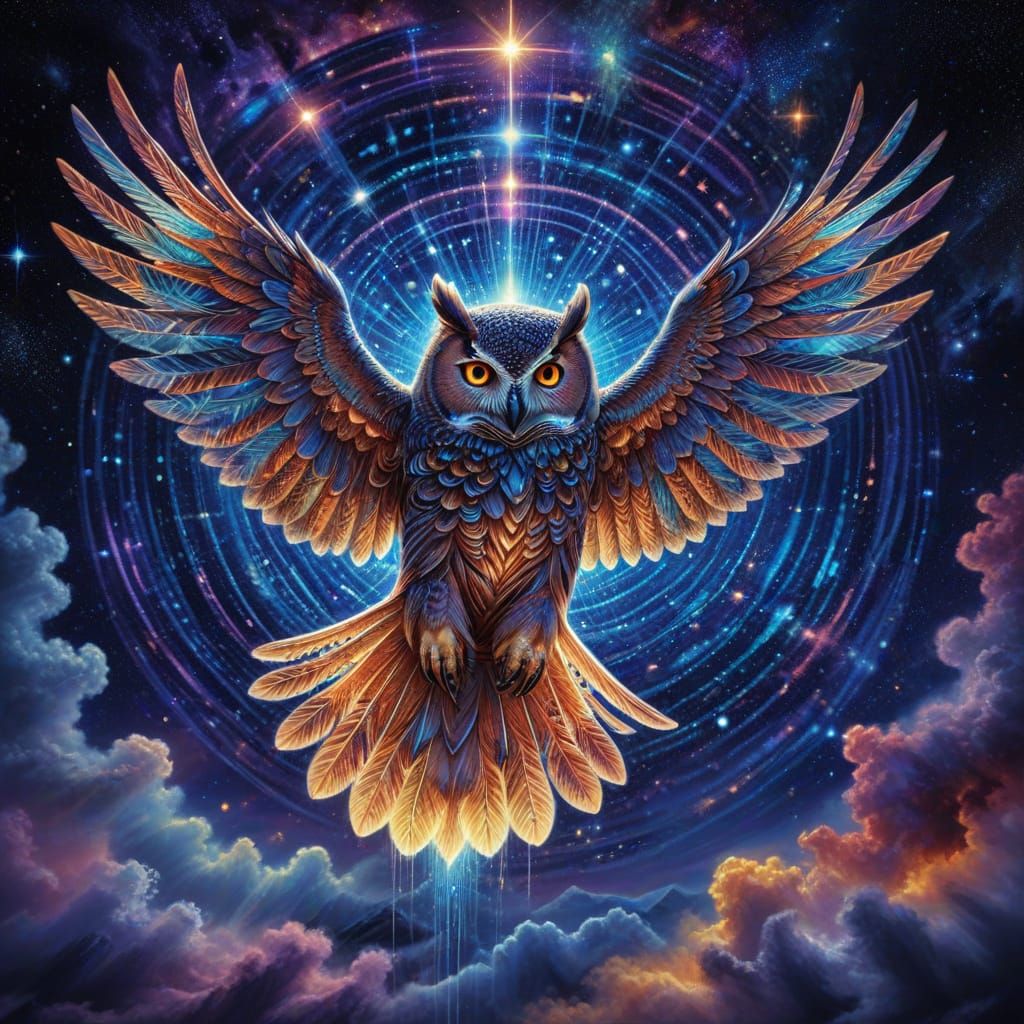 Vibrant Cosmic Owl in Flight, Enveloped by Glowing Astral Th...