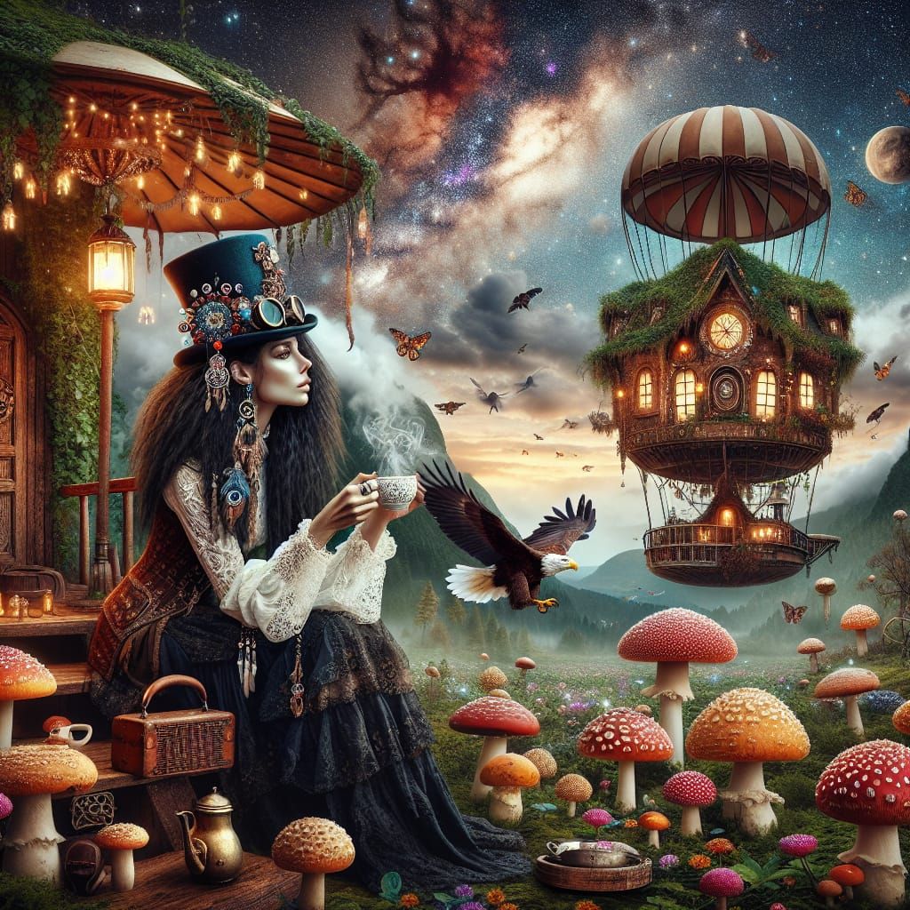 A beautiful steampunk gypsy woman with layered messy black h...