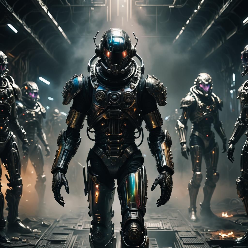 Biomechanical Astronaut in Iridescent Armor, Cinematic Still