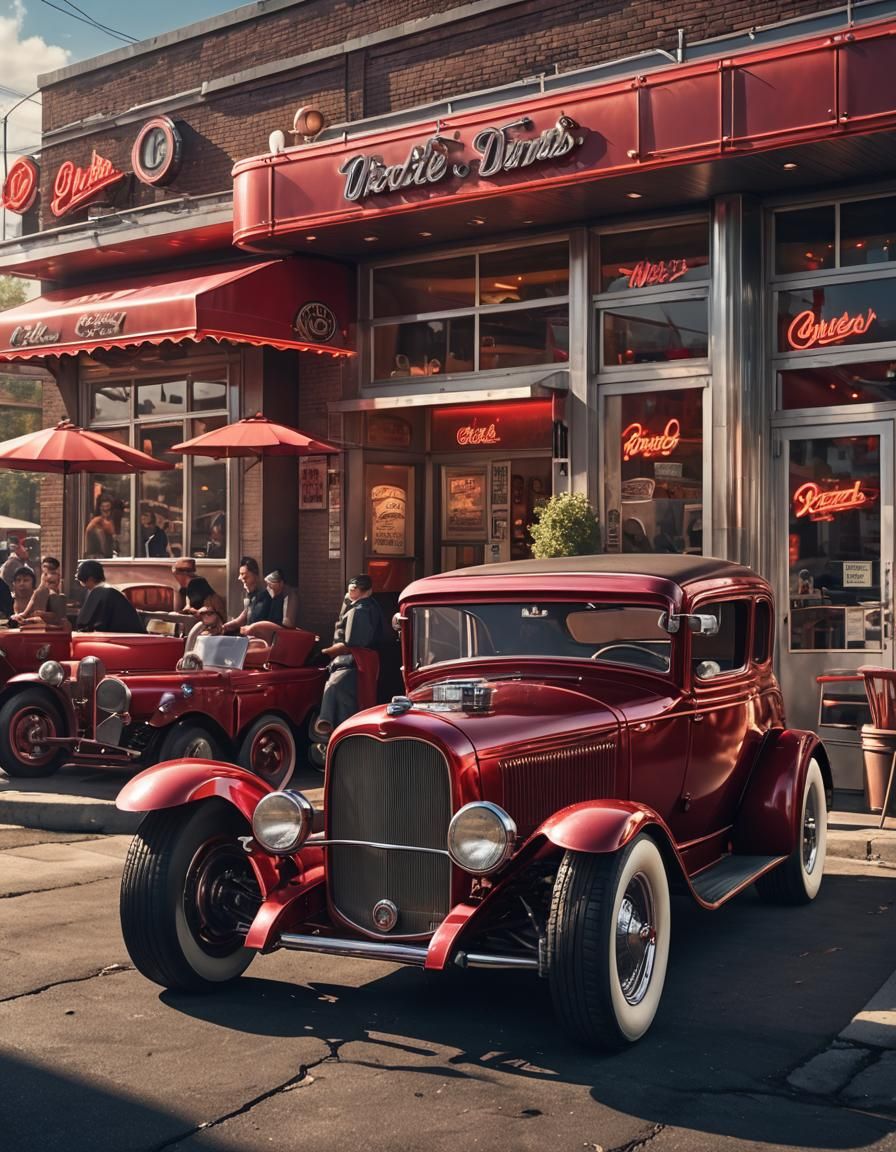 1930s Ford Hotrod at Diner with Neon Lights