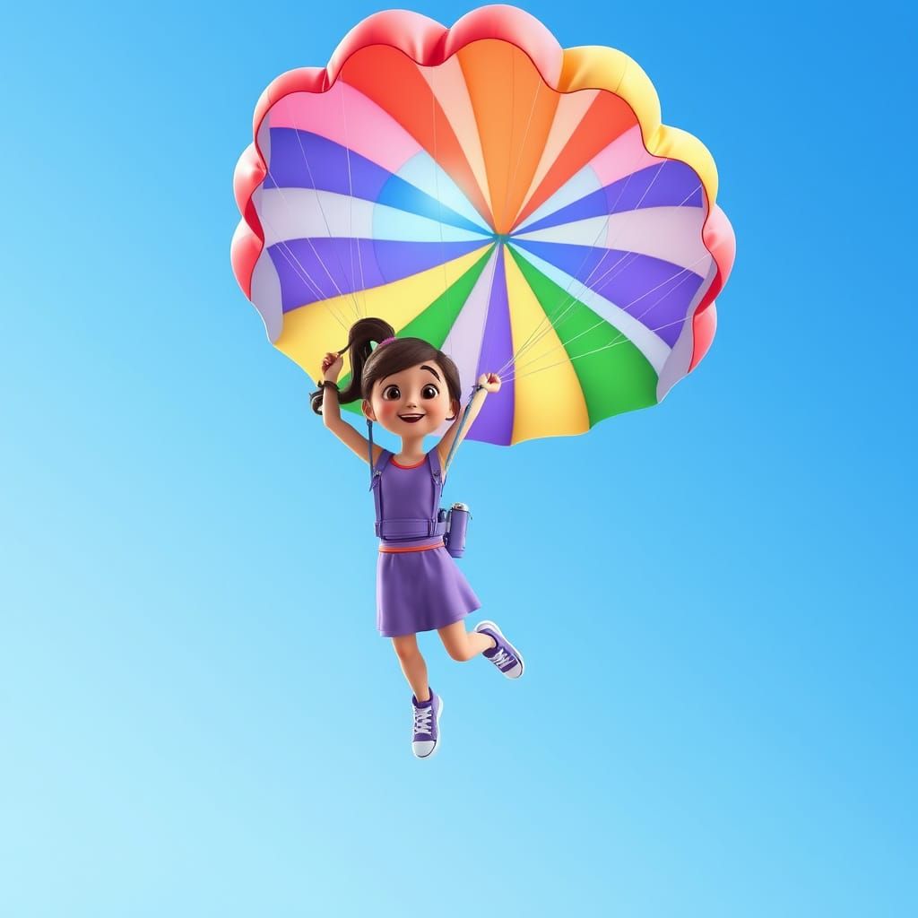 Girl with Striped Parachute in Vibrant 3D Animation