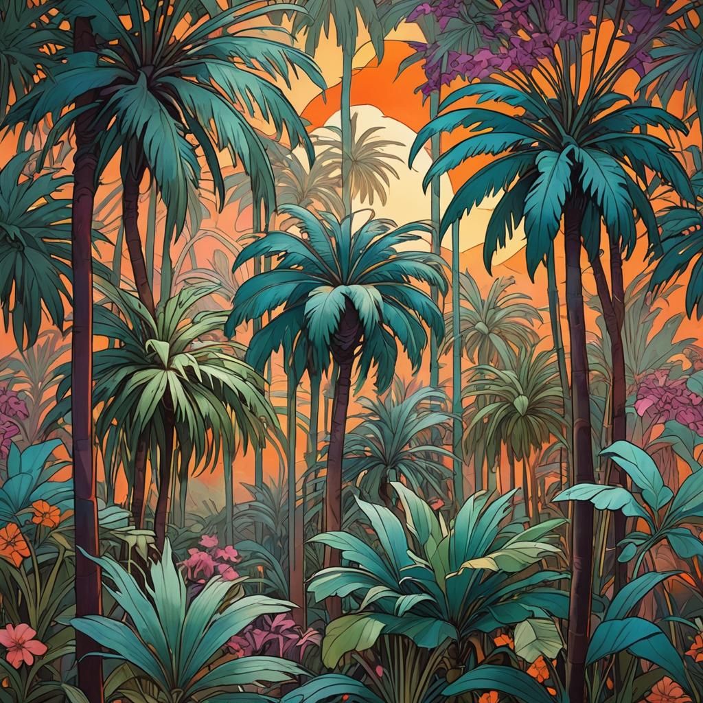 Lush Jungle: Art Nouveau Palm Trees in Golden Light