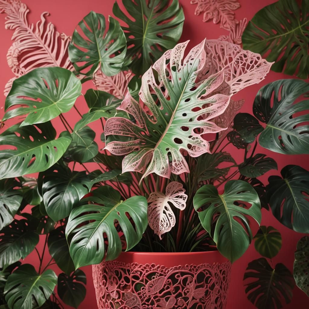 Lace Monstera in Red Pot: a Digital Art Concept