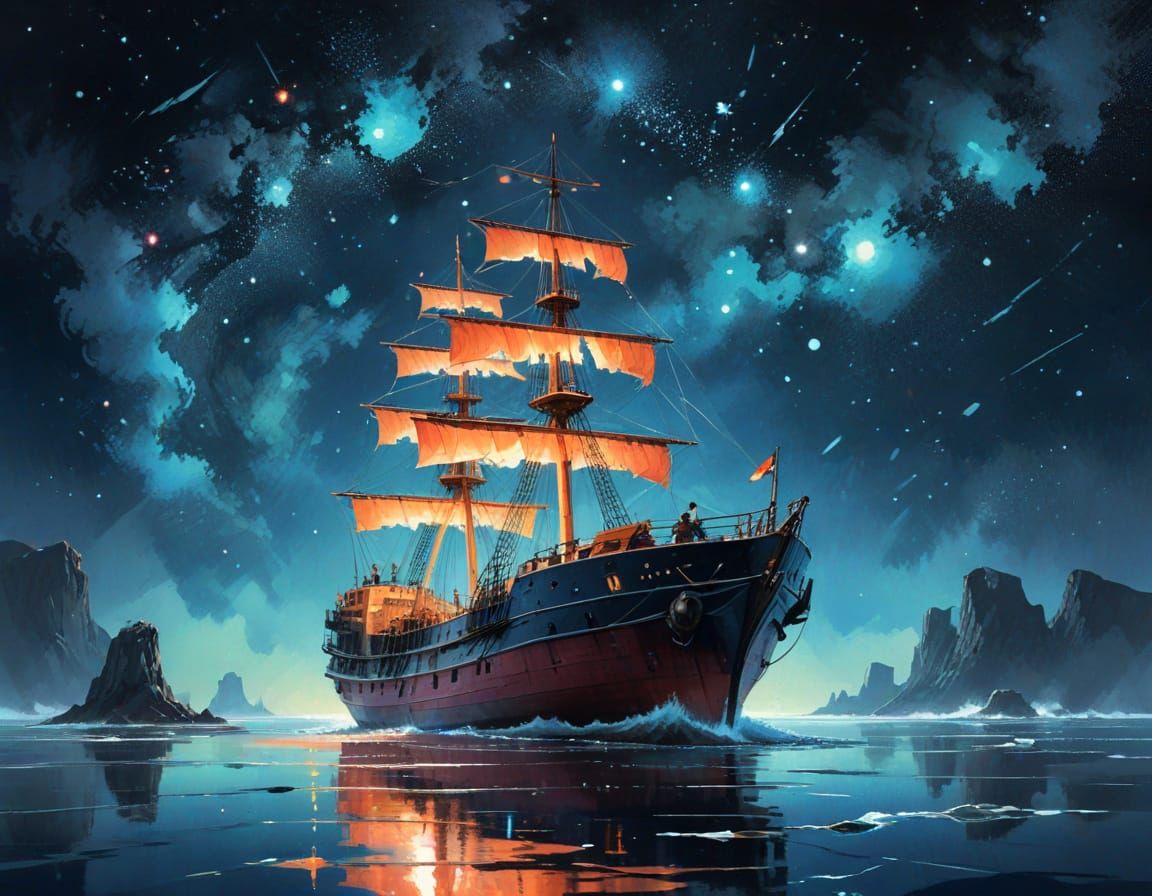 Majestic Ship Under Starry Sky in Watercolour Style
