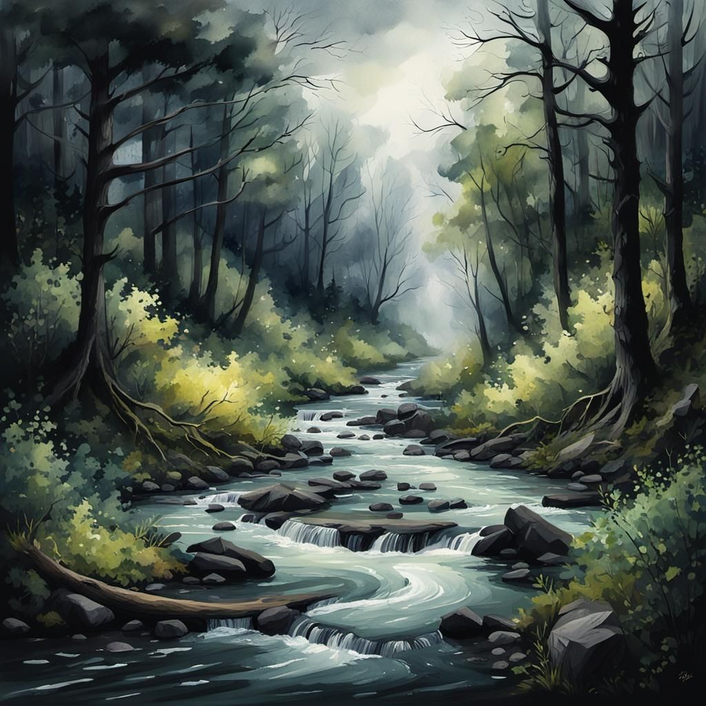 Moody Spring Creek in Dense Woods: Watercolor Painting
