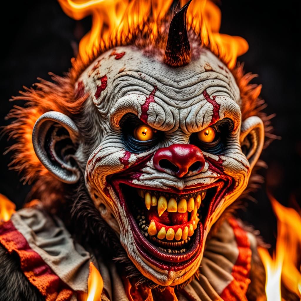 Fiery Zombie Monkey Clown Portrait in Horror Photography