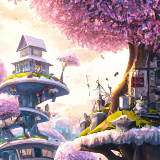Fantasy Anime Treehouse City in Sakura Forest