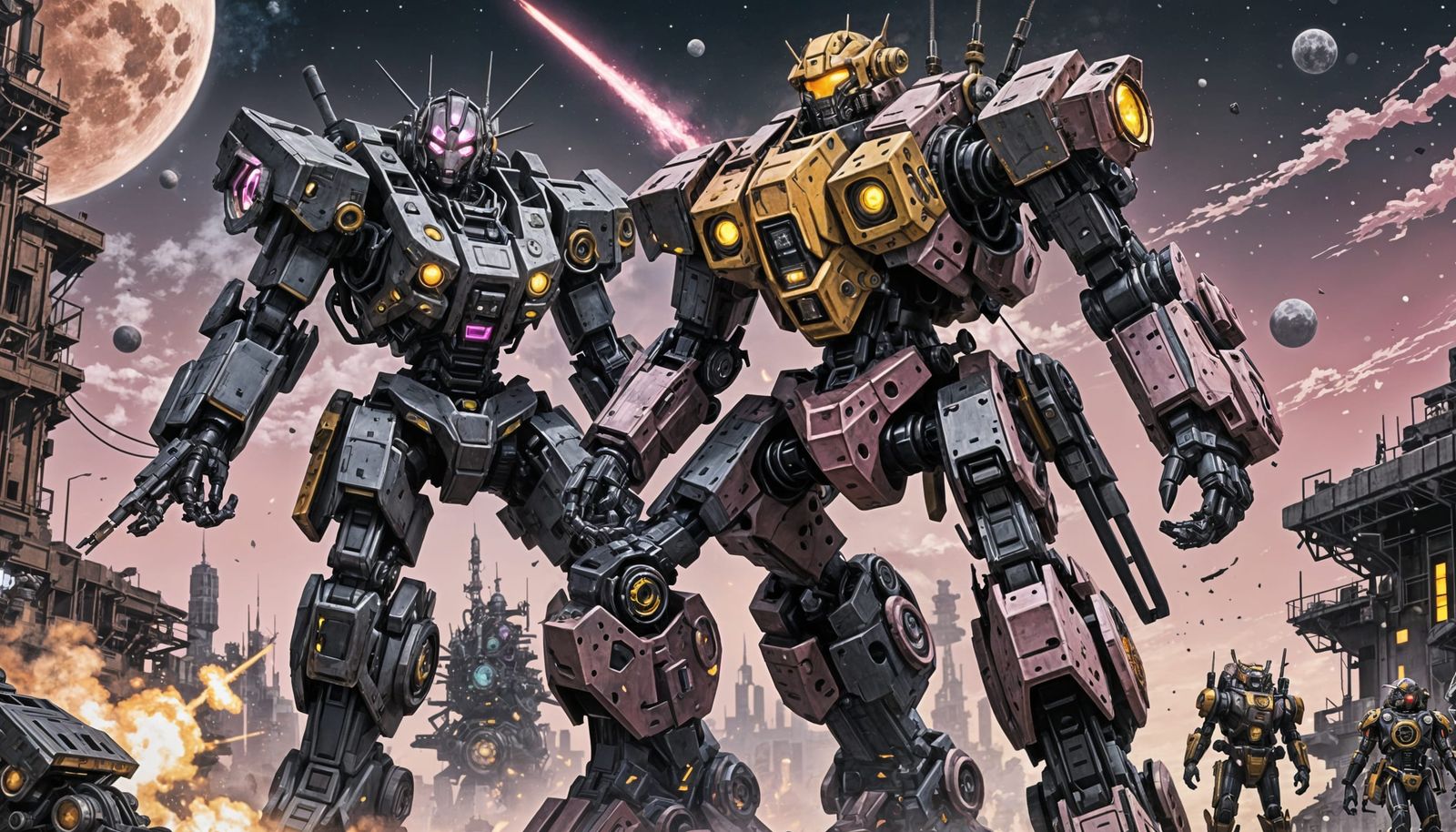 Cyberpunk vs Steampunk Mecha Combat on the Moon