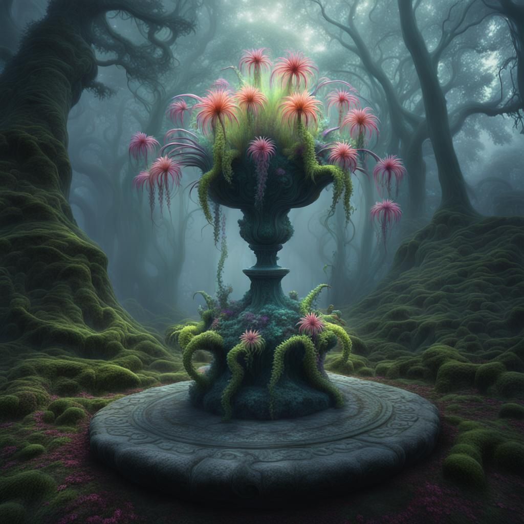 Exotic Triffid Flowers in Eerie Forest Glade