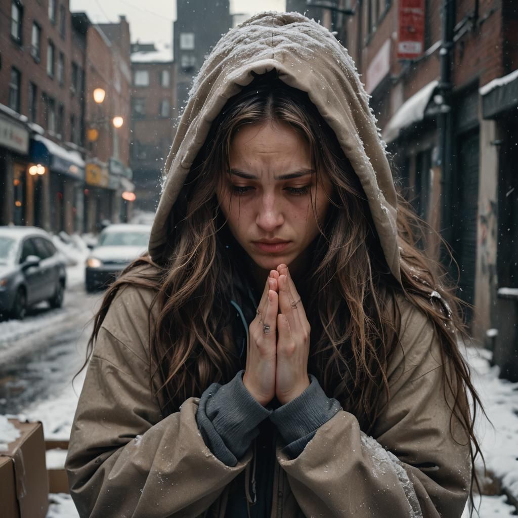 Forlorn Young Woman Prays in Abandoned City