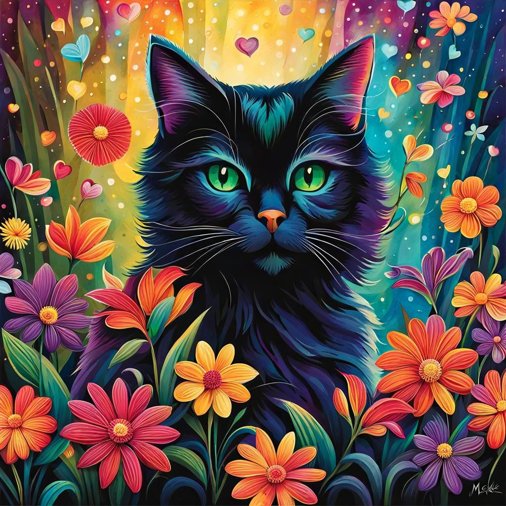 Cute Cat Surrounded by Flowers in Glamorous Style