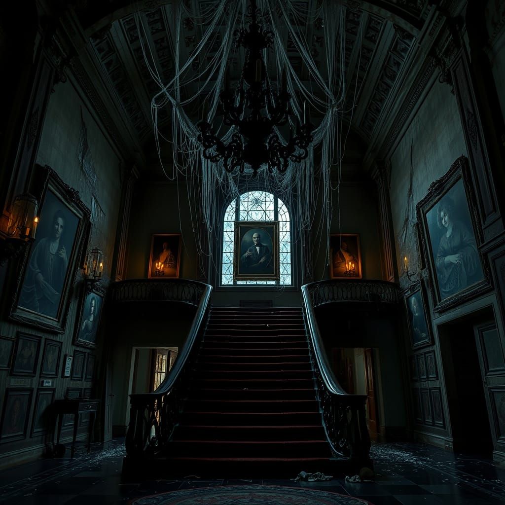 Dark Gothic Mansion Scene with Biomechanical Surrealism