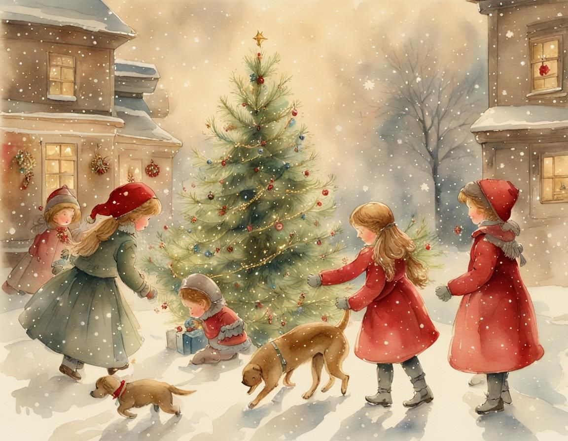 Victorian Christmas Watercolor Card with Children Playing