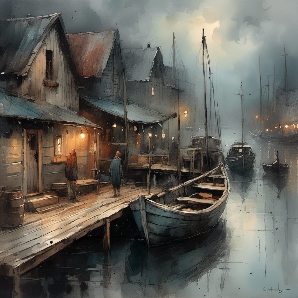 Dockside Village Seal: Impasto Gouache Watercolor