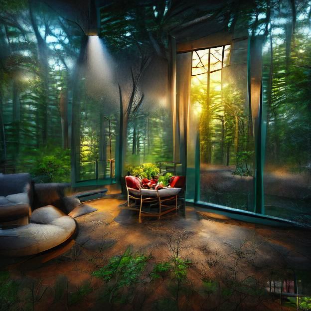 Sunroom in Deep Forest: Hyperrealistic 8K Render