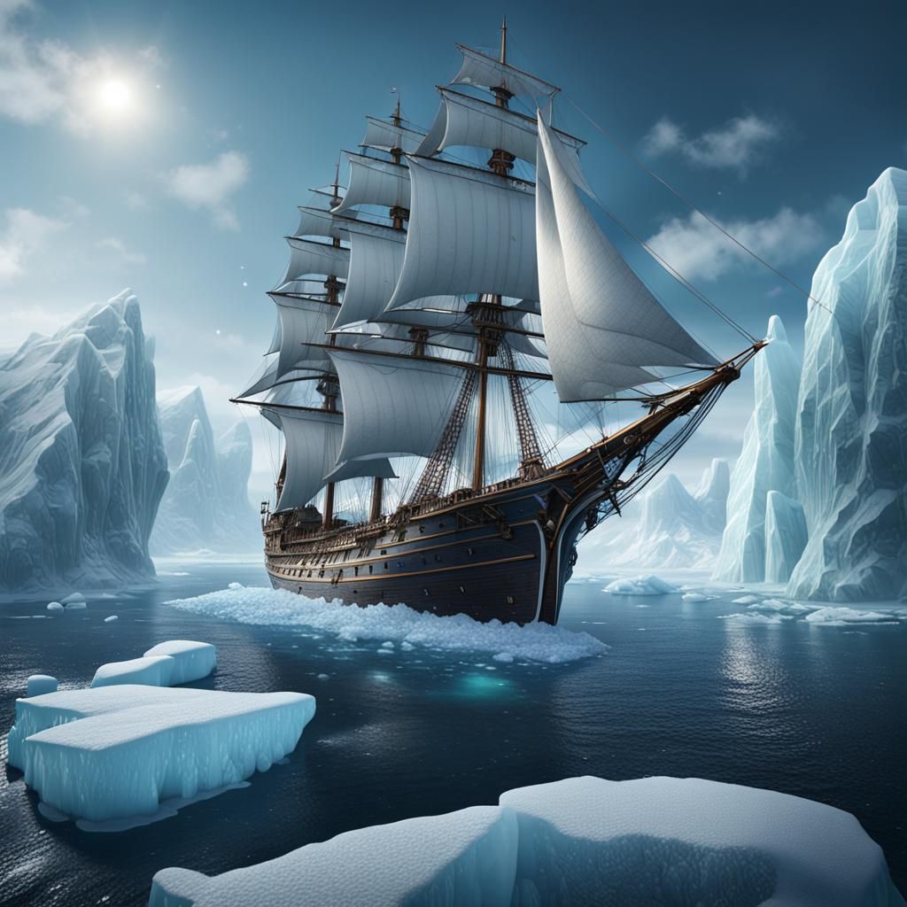 Sailing Ship Frozen in Iceberg: Fantasy Concept Art
