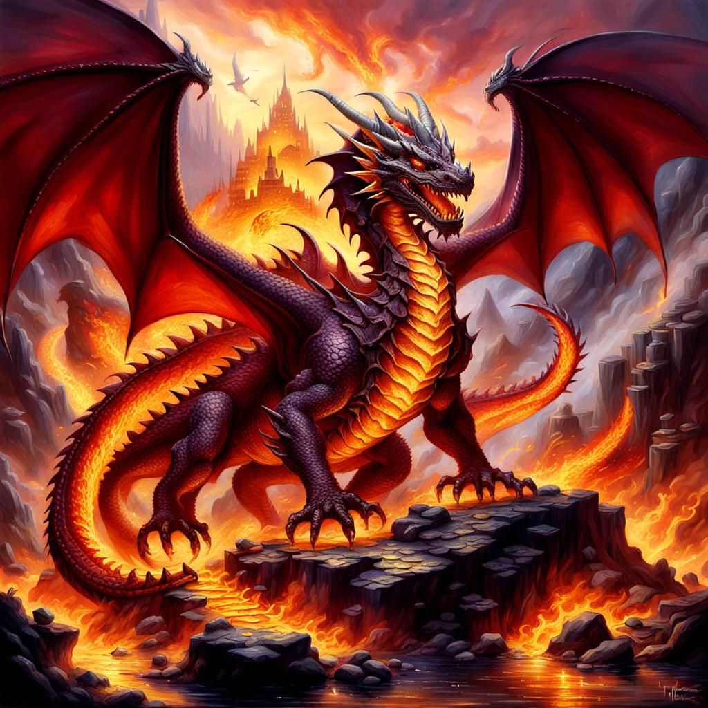 Fiery Crimson Dragon Hoarding Gold in Amber Cave