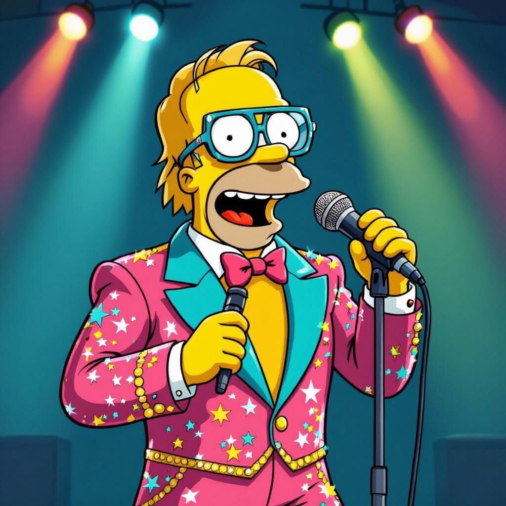 Homer Simpson as Elton John in Cartoon Style